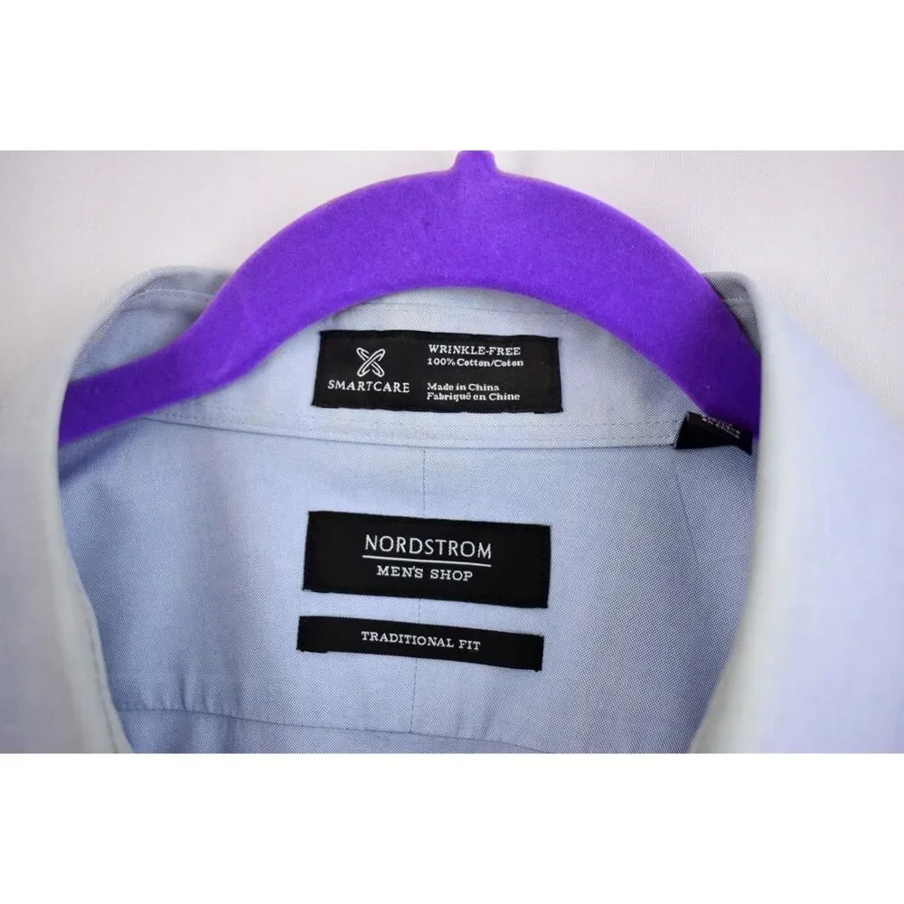 Nordstrom Smartcare Traditional Fit Wrinkle Free Cotton Dress Shirt Blue 18 1/2